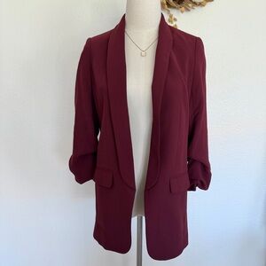 ♥️ EXPRESS Wine Red Ruched Sleeves Open Front Blazer Jacket
